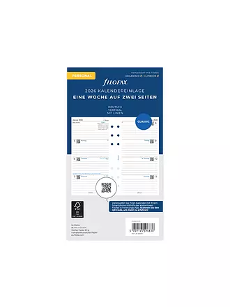 FILOFAX | Recambio de calendario semanal en alemán Personal 2026 |